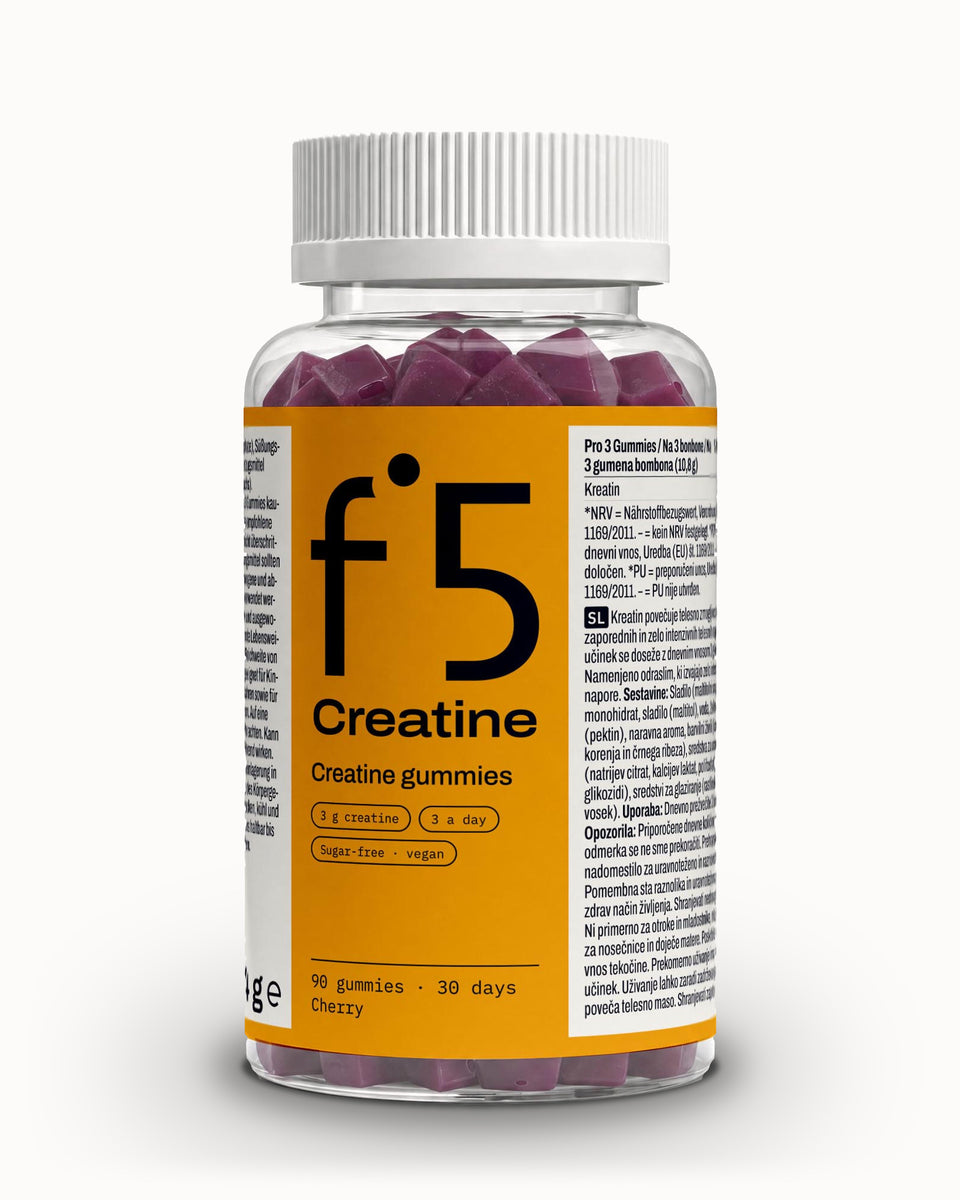 Doza f°5 Creatine od spredaj (3D upodobitev prave etikete)