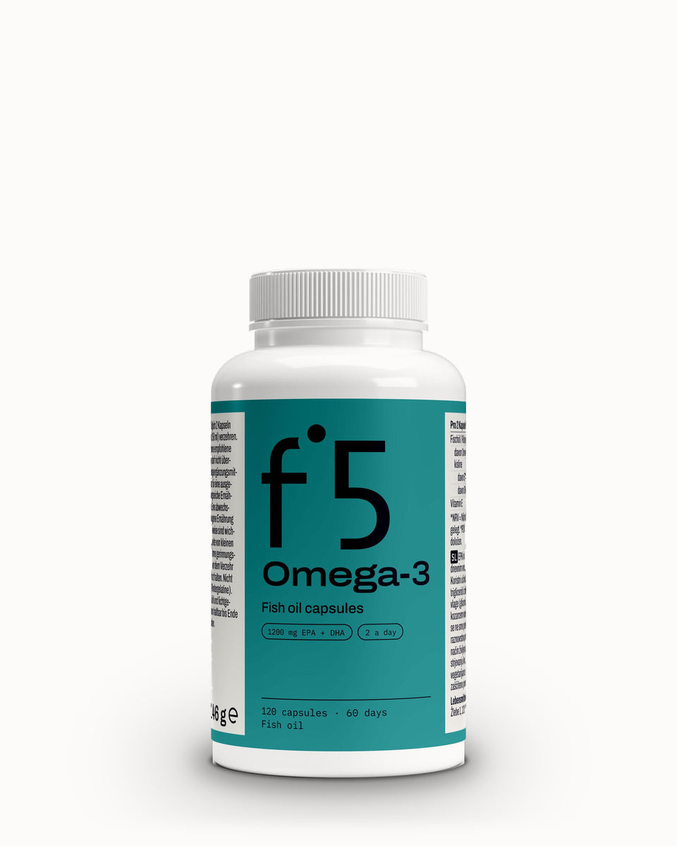 Doza f°5 Omega-3 od spredaj (3D upodobitev prave etikete)