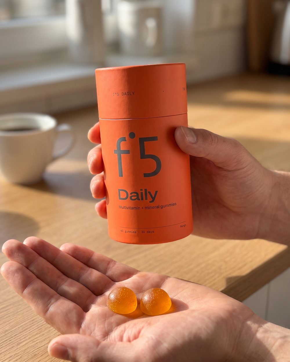 Hand holding the f°5 Daily tube, two gummies in the other palm